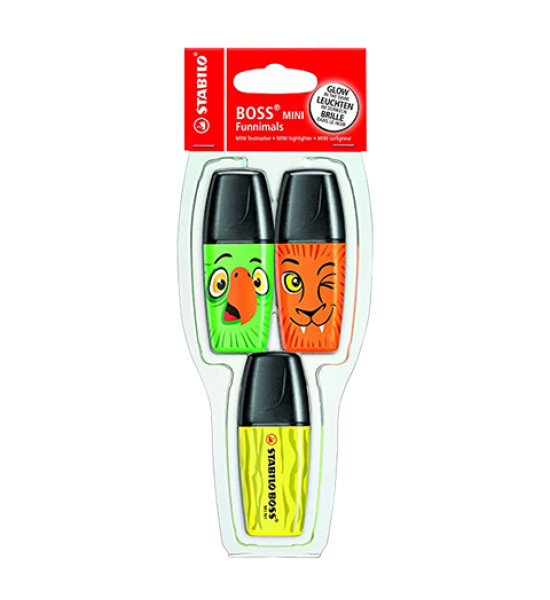 Resaltador, Boss Mini, Punta Biselada 2.0-5.0 mm, Colores Fluo, Estuche x 3 Unds. Colores Surtidos