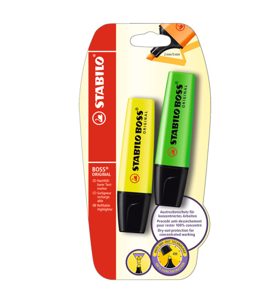 Resaltador, Boss, Punta Biselada 2.0-5.0 mm, Colores Fluo, Blister x 2 Unds. Amarillo y Verde