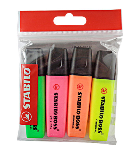 Resaltador, Boss, Punta Biselada 2.0-5.0 mm, Colores Fluo, Pack x 4 Unds. Colores Surtidos.