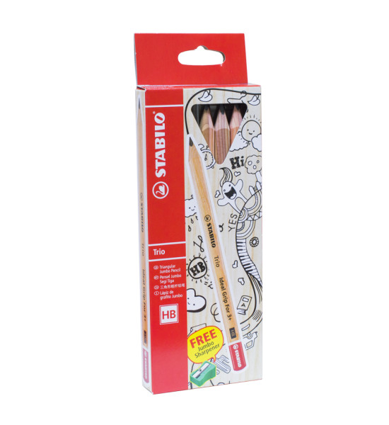 Lápices de Grafito, Trio Jumbo, HB, Barniz Madera, Cuerpo Triangular, Mina 4.2 mm + Sacapuntas, Caja x 6 Unds.