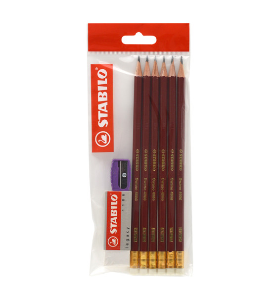 Lápices de Grafito, Swano, HB, Barniz Rojo, Cuerpo Hexagonal, Mina 2.2 mm. Pack x 6 Unds. + 1x Borrador 1186 + 1x Sacapuntas
