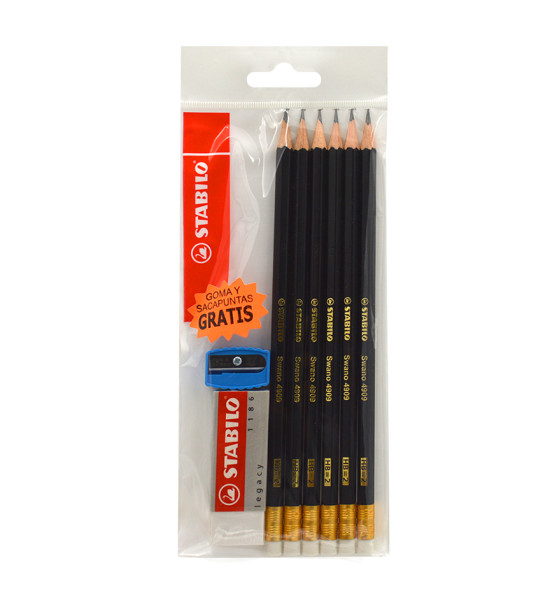 Lápices de Grafito, Swano, HB, Barniz Negro, Cuerpo Hexagonal, Mina 2.2 mm. Pack x 6 Unds. + 1x Borrador 1186 + 1x Sacapuntas