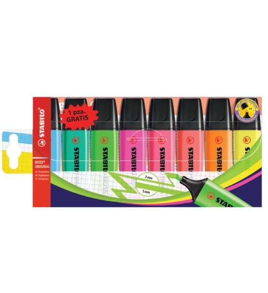 Resaltador, Boss, Punta Biselada 2.0-5.0 mm, Colores Fluo, Estuche x 8 Unds. Colores Surtidos
