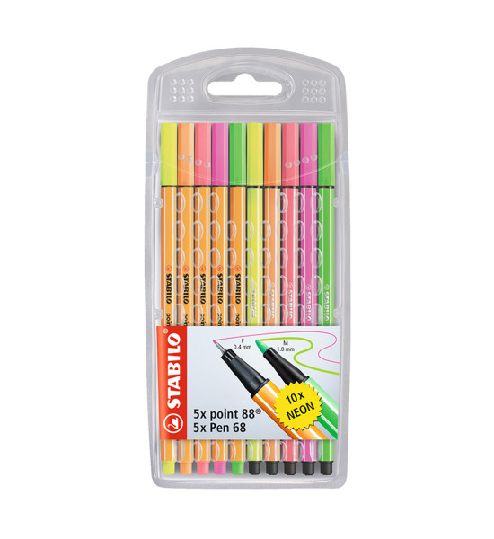 Micropunta/Felpa, Point 88 + Pen 68, Estuche x 10 Unds. Colores Neon