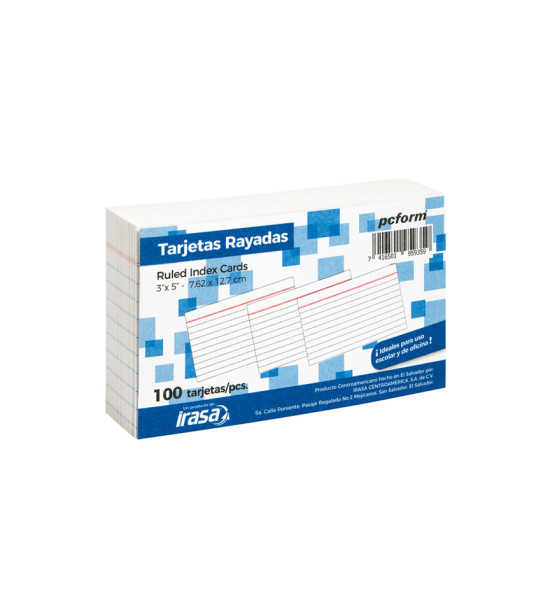 Tarjetas Rayadas, 3" x 5" (7.6 cm x 12.7 cm), Pack x 100 Unds.