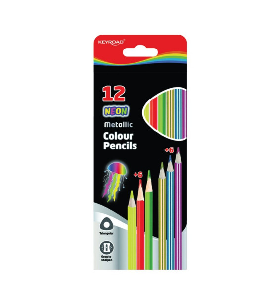 Lápices de Color, Largos, Triang, Caja x 12 Col (6 Neón + 6 Metálic)