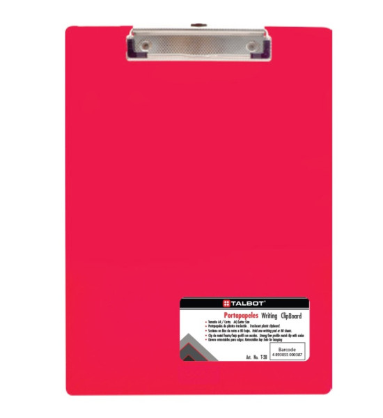 Tablero, Plástico, Tam. Carta, Clip tipo Percha, 22.8 x 31.6 cm. (4 Colores Surtidos), Unidad