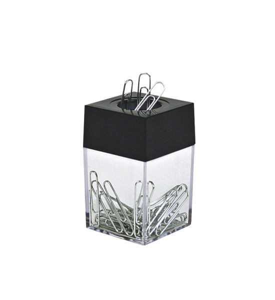 Dispensador de Clips, Magnético Simple (7 cm Alto x 4.3 cm Ancho x 4.3 cm Prof), Tipo Cubo, Negro/Transparente. Unidad