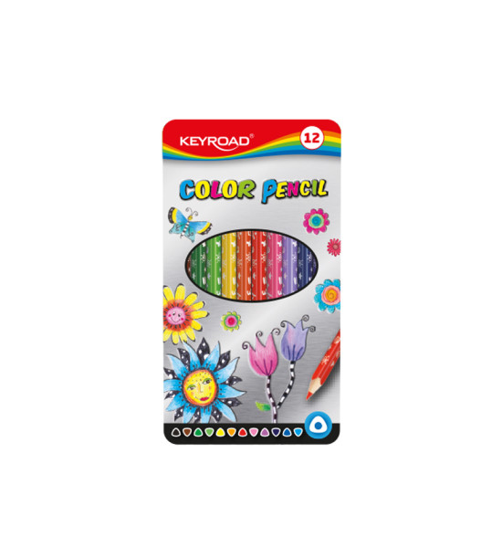 Lápices de Color, Largos, Triangulares, Mina 3.0 mm., Estuche de Metal x 12 Colores