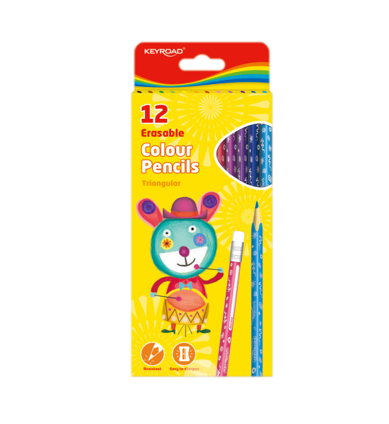 Lápices de Color Borrables, Largos, Triangulares, Mina 3.0 mm., Caja x 12 Colores