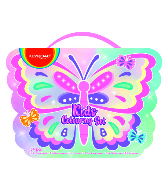 Coloring Kit Set, Butterfly, 54 Pzas, (12x Lápices de Color, 8x Marcadores Escolares, 12x Crayones, 1x Sacapuntas, + Hojas de Color + Stickers), Set