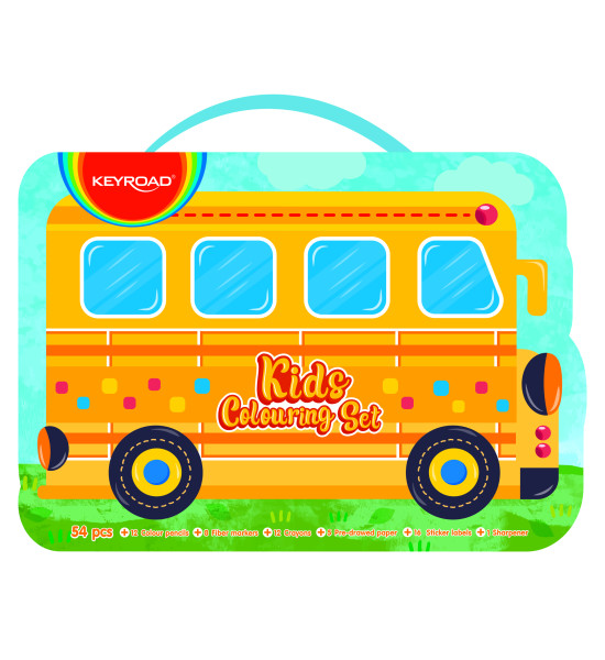 Coloring Kit Set, School Bus, 54 Pzas, (12x Lápices de Color, 8x Marcadores Escolares, 12x Crayones, 1x Sacapuntas, + Hojas de Color + Stickers), Set