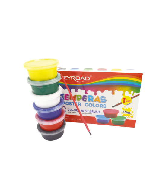 Témperas Escolares, Col. Básicos, Caja x 6 Und. (45 mL x Und.) + Pincel