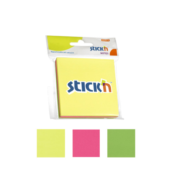 Notas Adhesivas Neón, (3 colores), 3" x 3" (76 mm x 76 mm), Blister x 3 Blocks, 50 h. x Block)