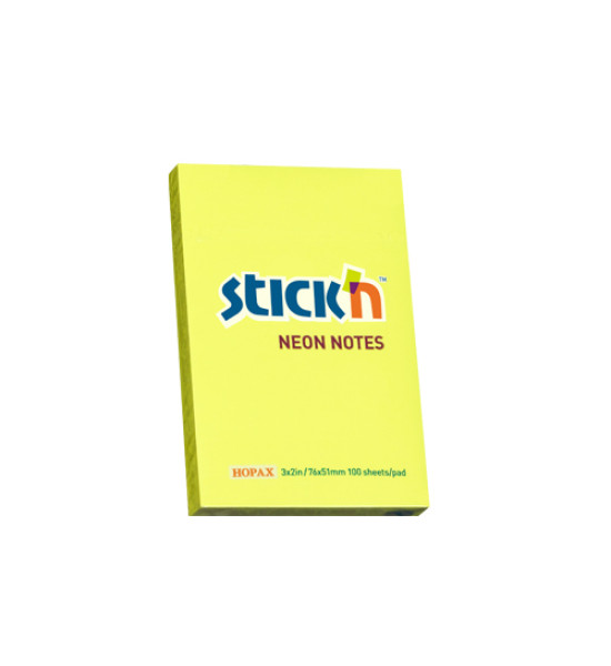 Notas Adhesivas, Amarillo Neon, 3" x 2" (76 mm x 51 mm), Block x 100 h.