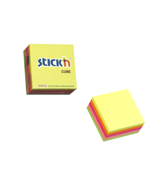 Cubo N. Adhesivas Neón, 2" x 2" (51 mm x 51 mm), Multicolor, 250 h.