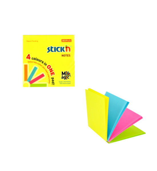 Notas Adhesivas, Magic Neón (4 colores), 3" x 3" (76 mm x 76 mm), Block x 100 h.
