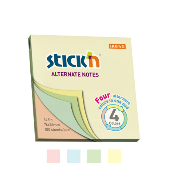 Notas Adhesivas, Alternadas Pastel (4 colores), 3" x 3" (76 mm x 76 mm), Block x 100 h.