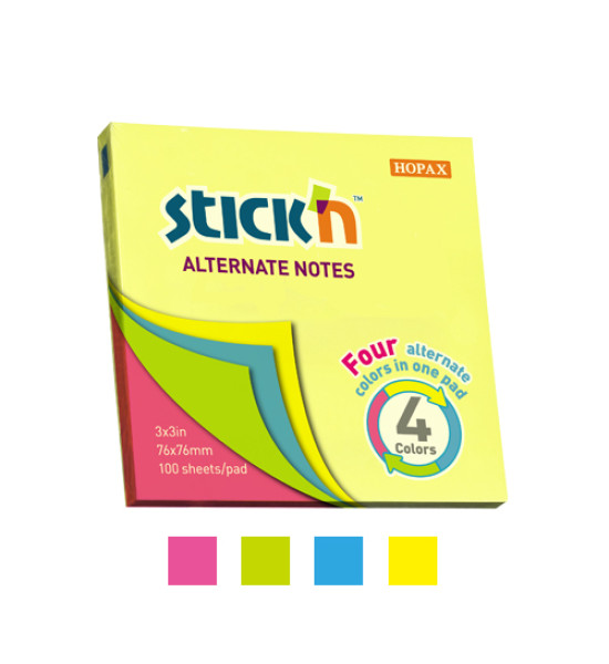 Notas Adhesivas, Alternadas Neón (4 colores), 3" x 3" (76 mm x 76 mm), Block x 100 h.