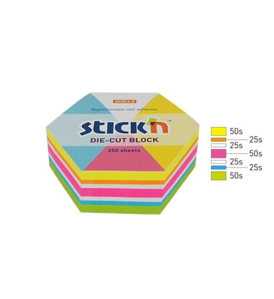 Cubo N. Adhesivas Neón, 61 mm x 70 mm, Hexagonal, Multicolor, 250 h.