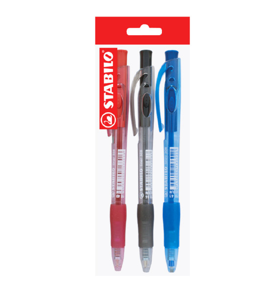 Bolígrafo Retractil, Liner 308 Grip, Punta Media 0.45 mm, Pack x 3 Unds., Azul, Negro, Rojo