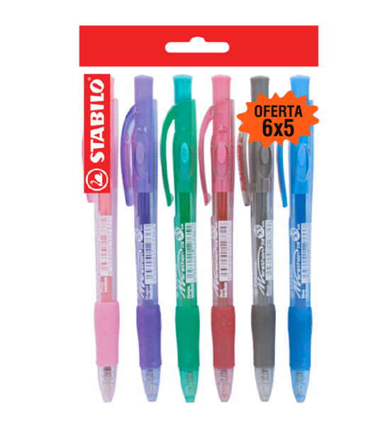 Bolígrafo Retractil, Liner 308 Grip, Punta Media 0.45 mm, Pack x 6 Unds., 6 Colores Surtidos