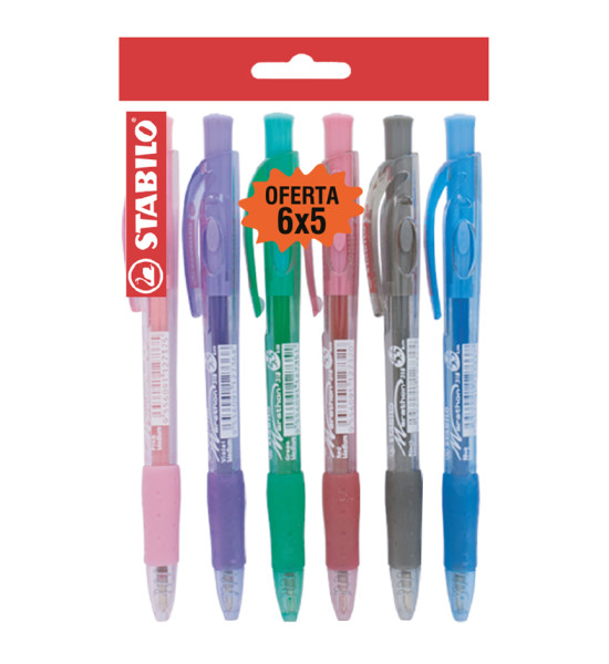 Bolígrafo Retractil, Marathon 318, Punta Media 0.45 mm, Pack x 6 Unds., 6 Colores Surtidos