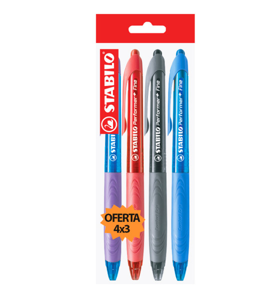 Bolígrafo Retractil, Performer+ Grip, Punta Fina 0.38 mm, Pack x 4 Unds. Colores Surtidos