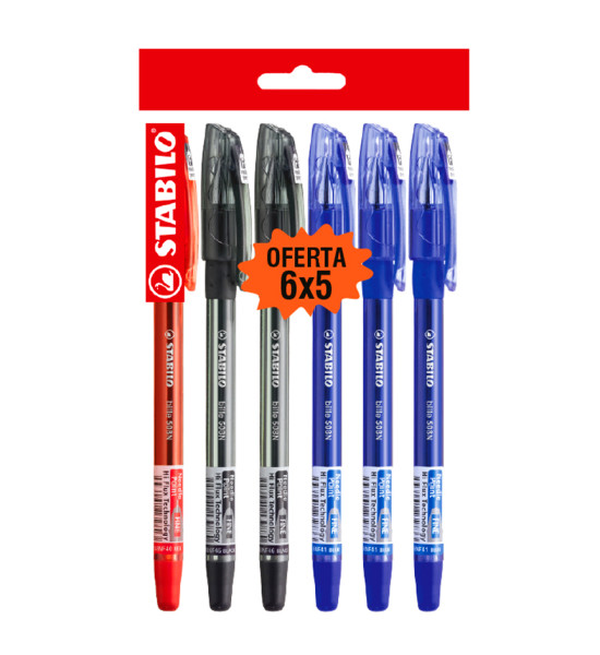 Bolígrafo, Bille Hi-Flux 508NF, Punta Aguja 0.38 mm, Pack x 6 Unds., 3x Azul, 2x Negro, 1x Rojo