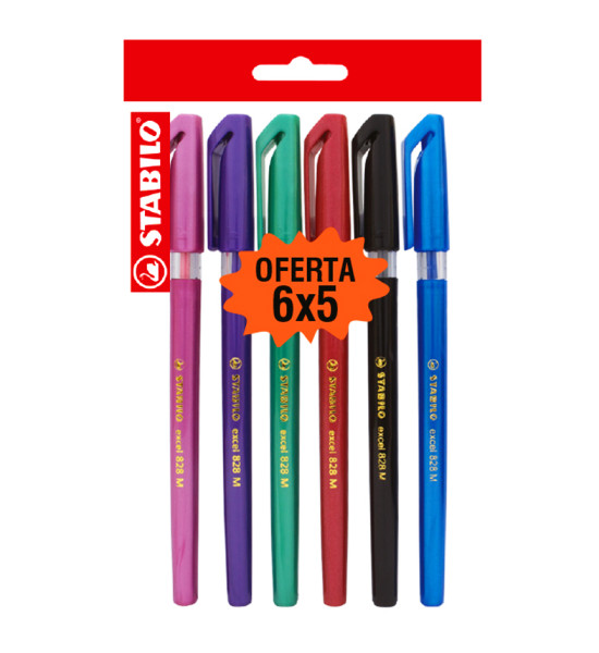 Bolígrafo, Excel 828, Punta Media 0.45 mm, cuerpo opaco, Pack x 6 Unds. Colores Surtidos