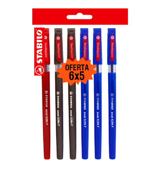 Bolígrafo, Excel 828NF, Punta Aguja 0.38 mm, cuerpo opaco, Pack x 6 Unds. 3x Azul, 2x Negro, 1x Rojo