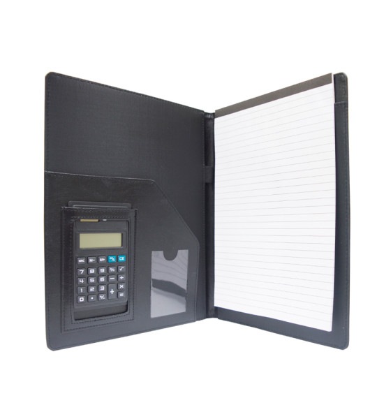 Carpeta Ejecutiva,  Estilo Cuero. Tam. 11" Alto x 8.5" Ancho. Con Calculadora. Negro, Unidad