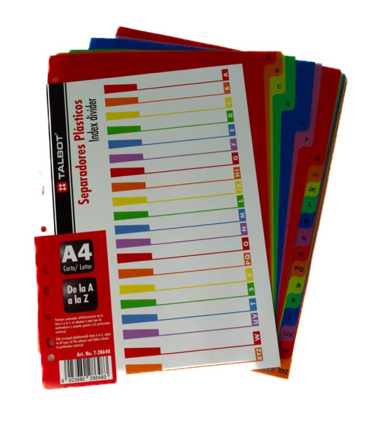 Separadores plásticos, Multicolor, Tam. A4, Letras A a la Z