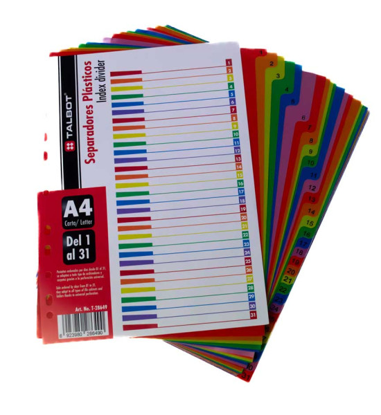 Separadores plásticos, Multicolor, Tam. A4, Números 1 al 31