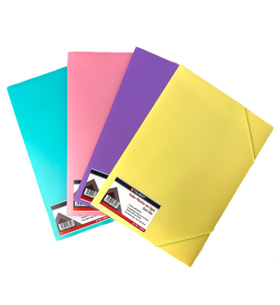 Folder, Plástico con Ligas, Tam. 23.5 cm x 33.5 cm (Oficio/Legal).  4 Colores Pastel Surtidos. Unidad.