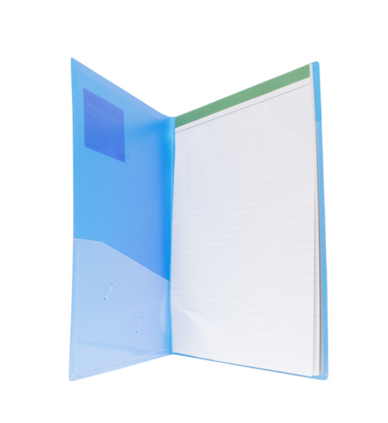 Folder Plástico con 1-Bolsillo, incluye Libreta Rayada, Tamaño Carta/A4. Color Azul/Negro Traslúcido. Unidad