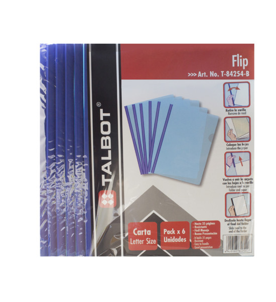 Folder Plástico con Varilla, Tam. Carta, Azul, Pack x 6 Unds.