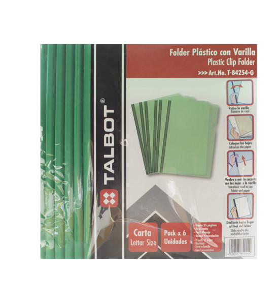 Folder Plástico con Varilla, Tam. Carta, Verde, Pack x 6 Unds.