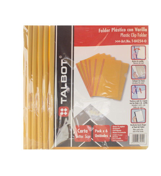 Folder Plástico con Varilla, Tam. Carta, Naranja, Pack x 6 Unds.