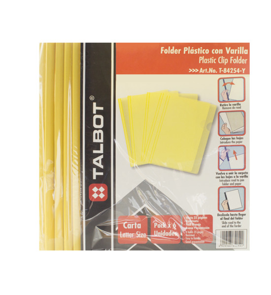 Folder Plástico con Varilla, Tam. Carta, Amarillo, Pack x 6 Unds.