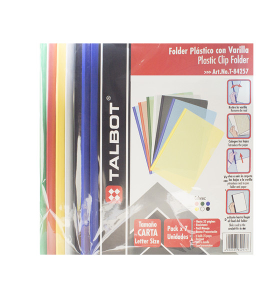 Folder Plástico con Varilla, Tam. Carta, Pack x 6 + 1 Unds. Col. Surtidos