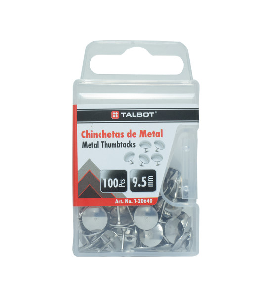 Chinchetas, Tipo Plano Plateadas, Caja Plastica x 100 Unds.