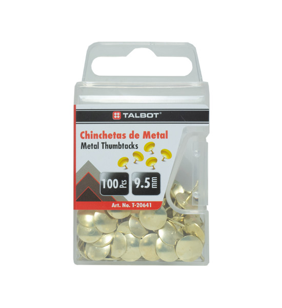 Chinchetas, Tipo Plano Doradas, Caja Plastica x 100 Unds.