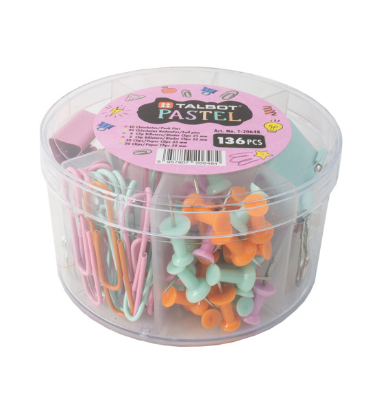 Set, Talbot Colors Pastel, Chinchetas, Clips, Sujetapapeles. Caja Plastica Circular, Set