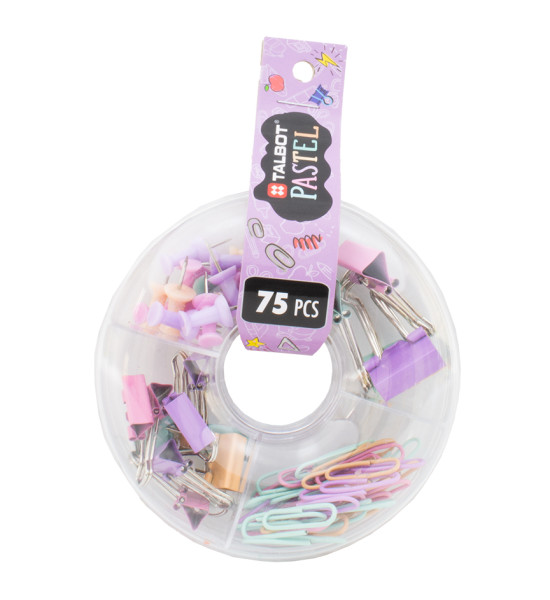 Set, Talbot Colors Pastel, Chinchetas y Clips, Caja Plastica Donut, Set