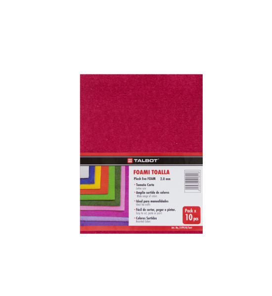 Foami Toalla, Tam.  21.5 x 27.9 cm (8.5 x 11 inch), 2 mm, Pack x 10 h. Colores Surtidos
