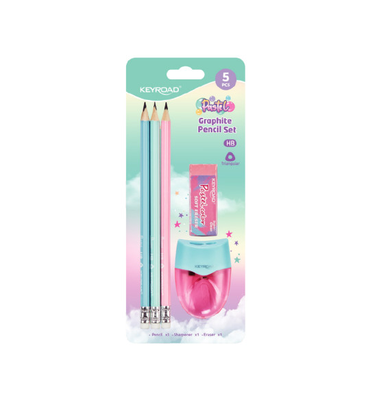 Láp. Grafito, HB, Triangulares, Mina 2.2 mm., Pastel Set x 4 + Goma + Taj