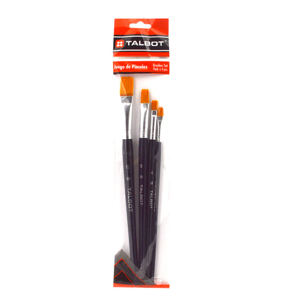Pinceles, Nylon Planos, Pack x 4 Unds.,  Nro. 2, 4, 8, 12