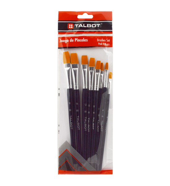 Pinceles, Nylon Planos, Pack x 8 Unds.,  Nro. 2, 3, 4, 5, 6, 8, 10, 12
