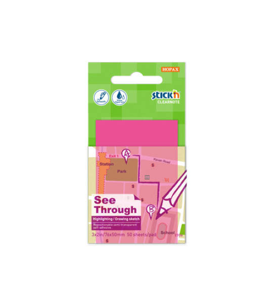 Notas Adh. Transparentes, 3" x 2" (76 mm x 51 mm), Magenta Traslucido Block x 50 h.
